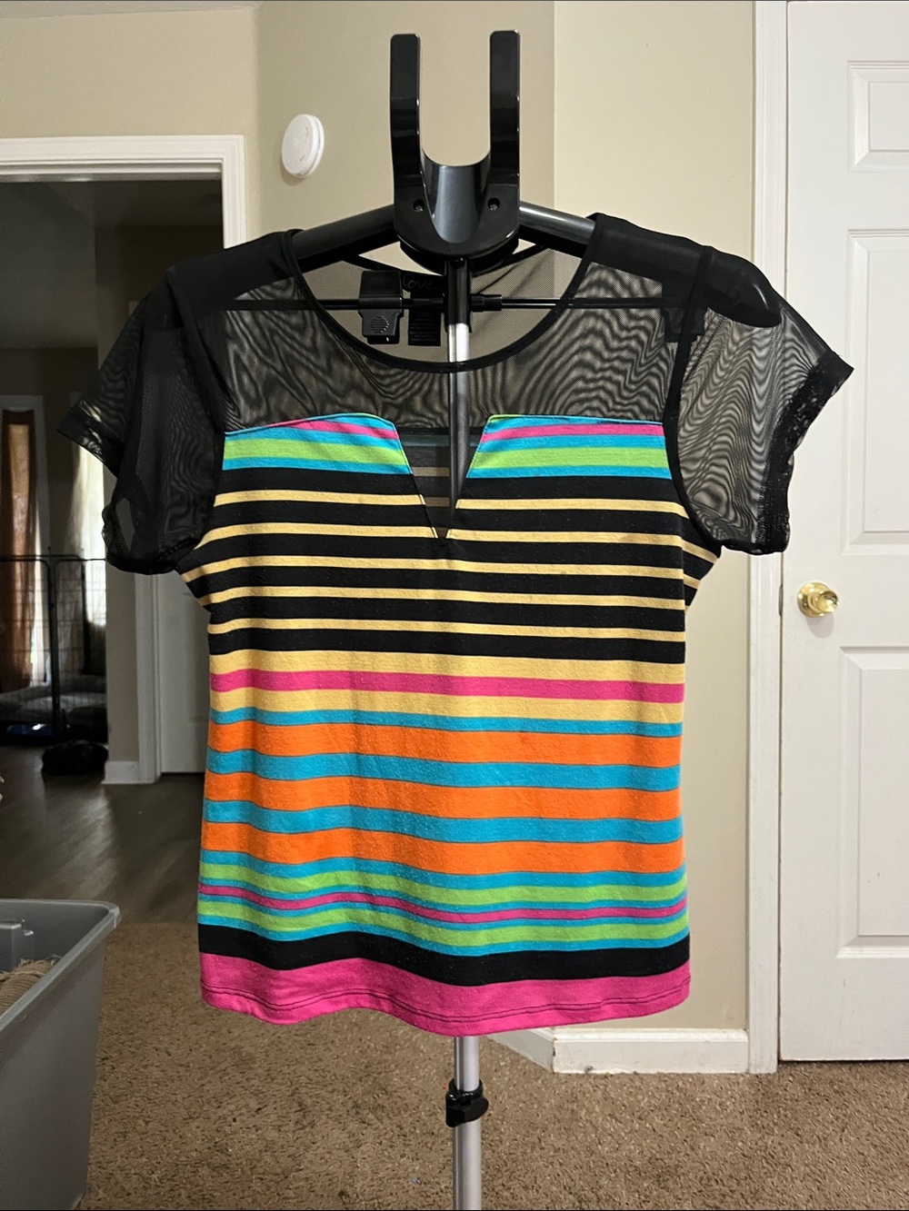 Striped Multicolor Mesh Yoke Women's Blouse